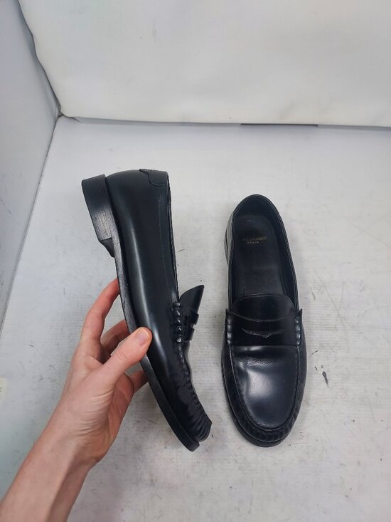 YSL Yves Saint Laurent MENS Black Logo Penny Patent Loafer Shoe